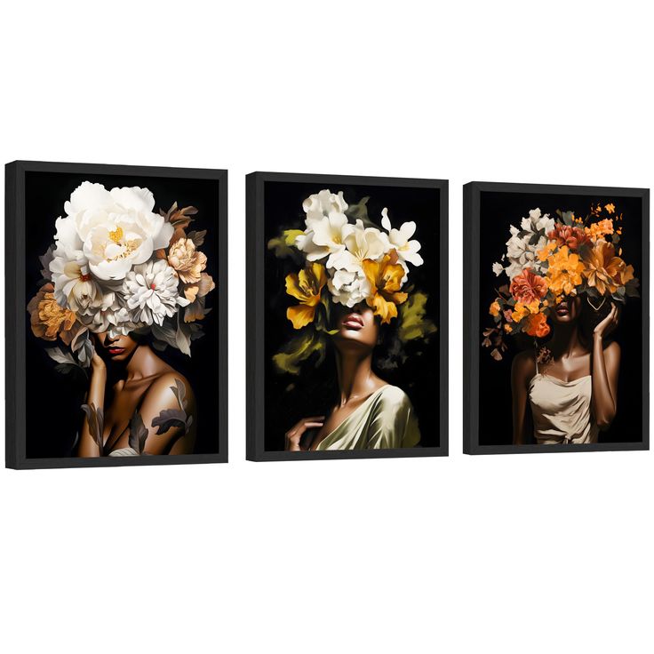 three paintings of women with flowers in their hair, one is holding a flower bouquet