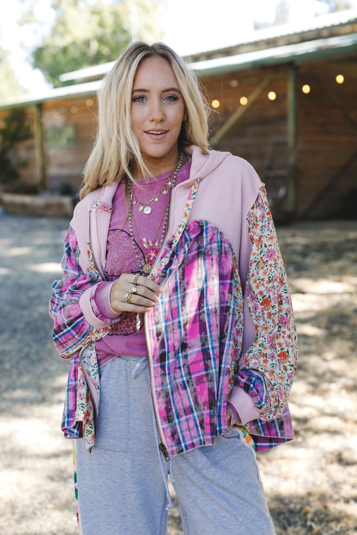 Get ready for all the cuteness this season with the Blossom Check Jacket—a perfect boho throw-on-and-go piece that adds a statement touch to any outfit! Unique mix of thermal and woven fabric with so pretty floral and plaid prints throughout Relaxed and loose jacket silhouette Classic zip-up front closure and loose long sleeves with thermal cuffs Hooded neckline with a drawstring detail High-low bottom edge for added style and movement Pair with: Dora Low Back Seamless Bralette, Lightwave Overal Bohemian Fall Outerwear For Loungewear, Bohemian Fall Loungewear Outerwear, Bohemian Outerwear For Fall Loungewear, Bohemian Loungewear Outerwear For Fall, Spring Plaid Cotton Outerwear, Spring Floral Print Outerwear For Loungewear, Bohemian Cotton Outerwear For Spring, Spring Plaid Outerwear For Layering, Hippie Long Sleeve Outerwear For Fall