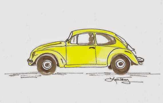 a drawing of a yellow beetle car on a white background with the word hello written below it