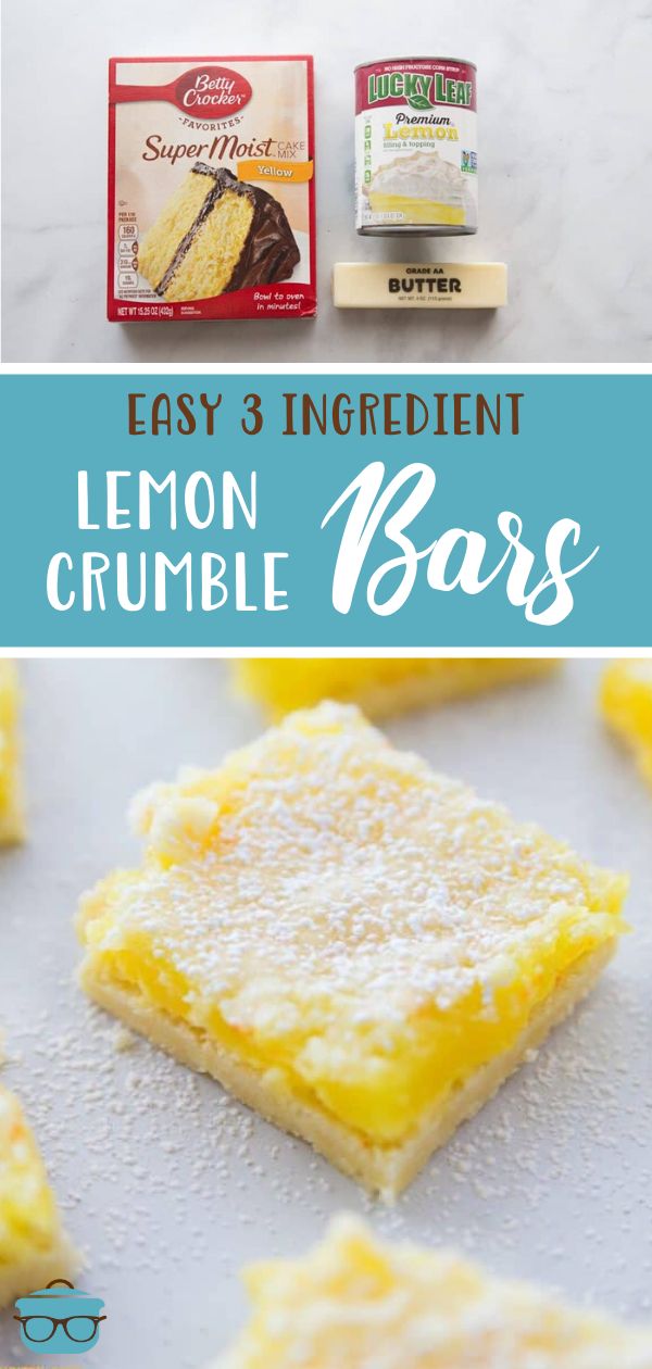 lemon crumble bars with the text easy 3 ingredient lemon crumble bars on top