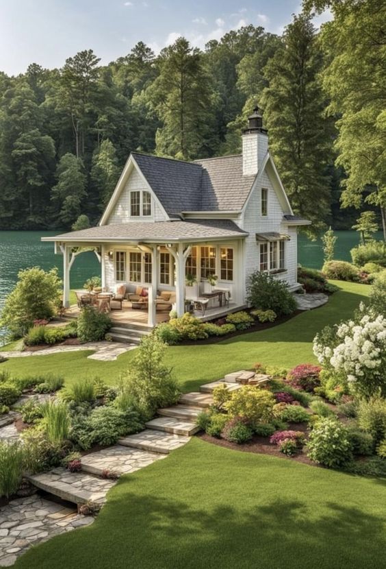 a white house sitting on top of a lush green field next to a body of water