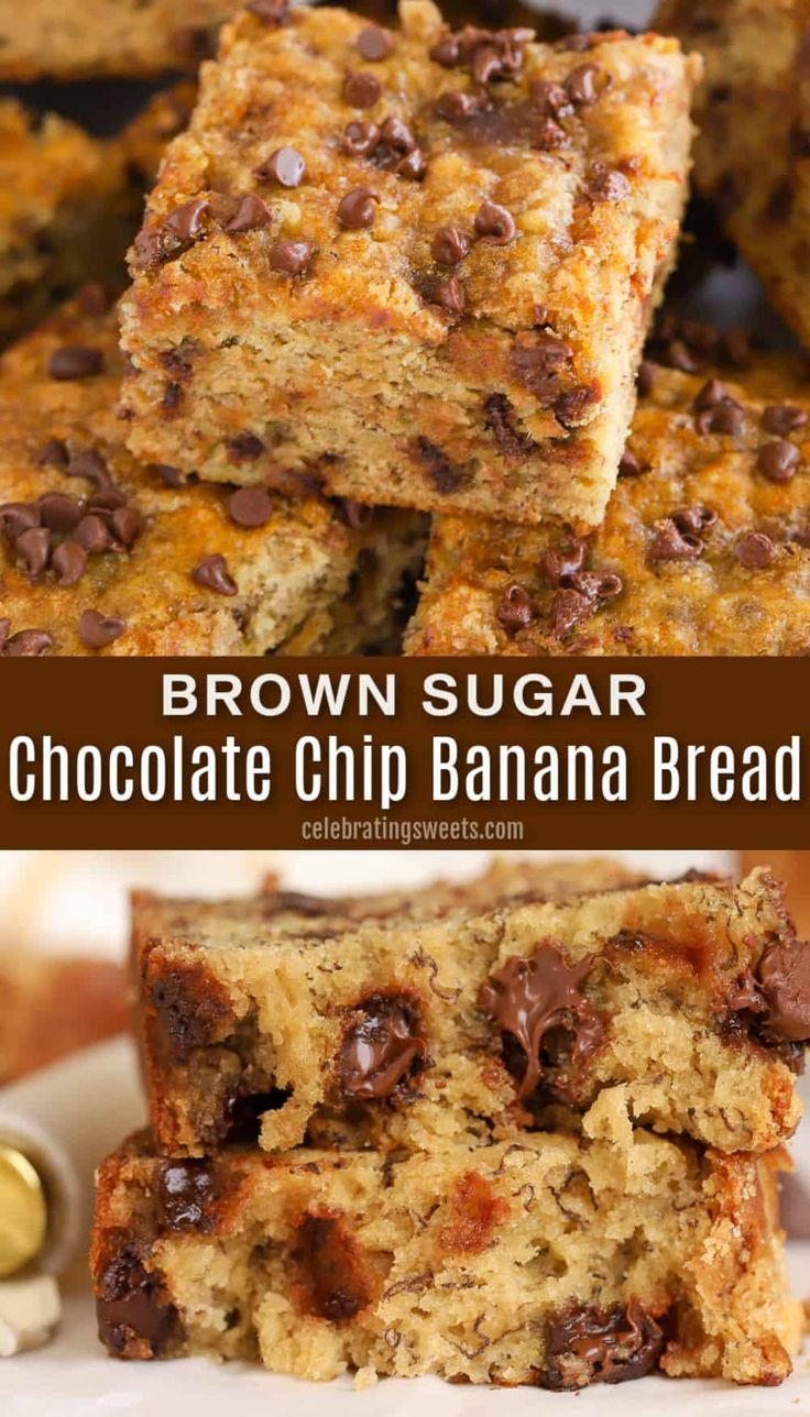 chocolate chip banana bread is cut in half and stacked on top of each other with the words chocolate chip banana bread above it