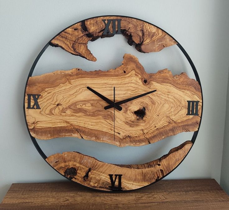 a clock made out of wood and metal