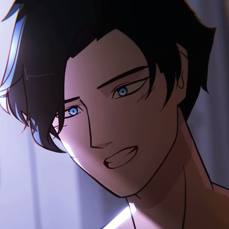 an animated image of a man with blue eyes and black hair, staring at the camera