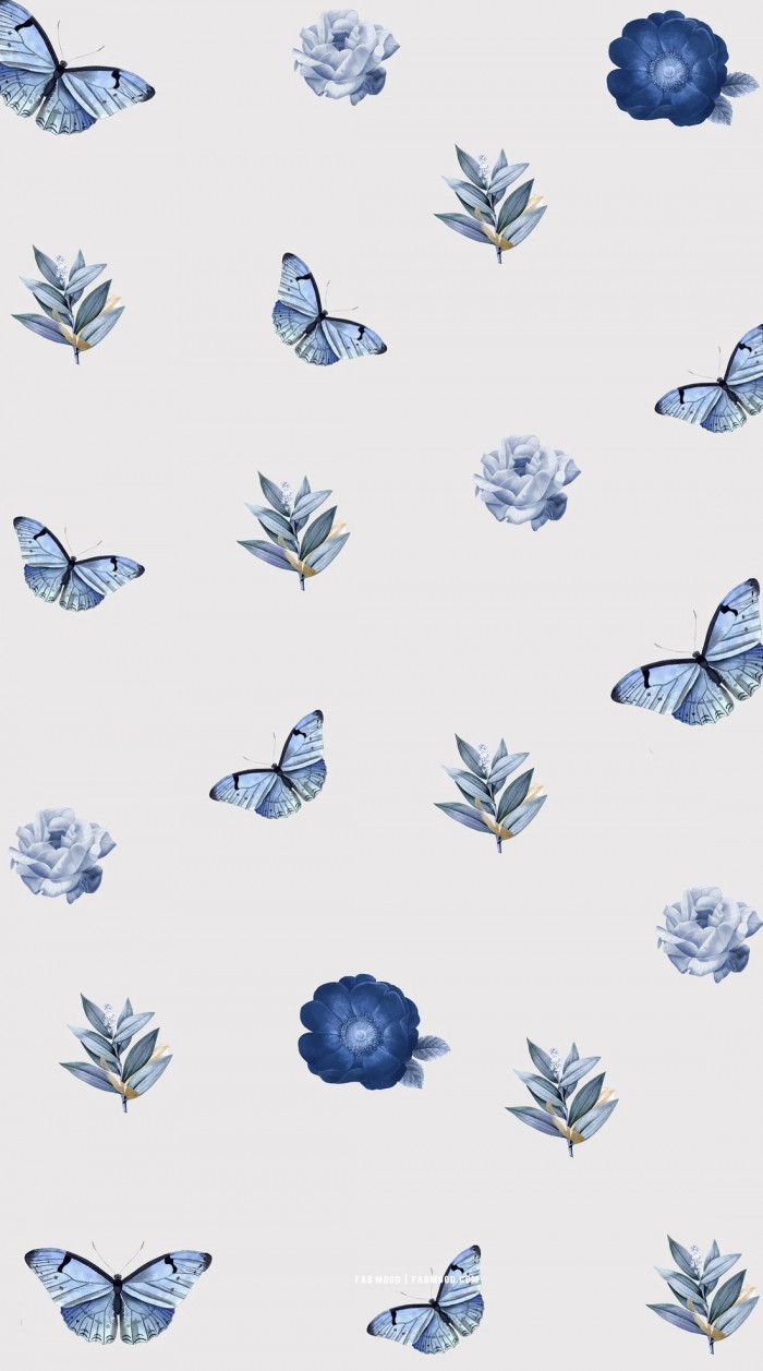 blue butterflies and flowers on a white background with watercolng effect in the middle