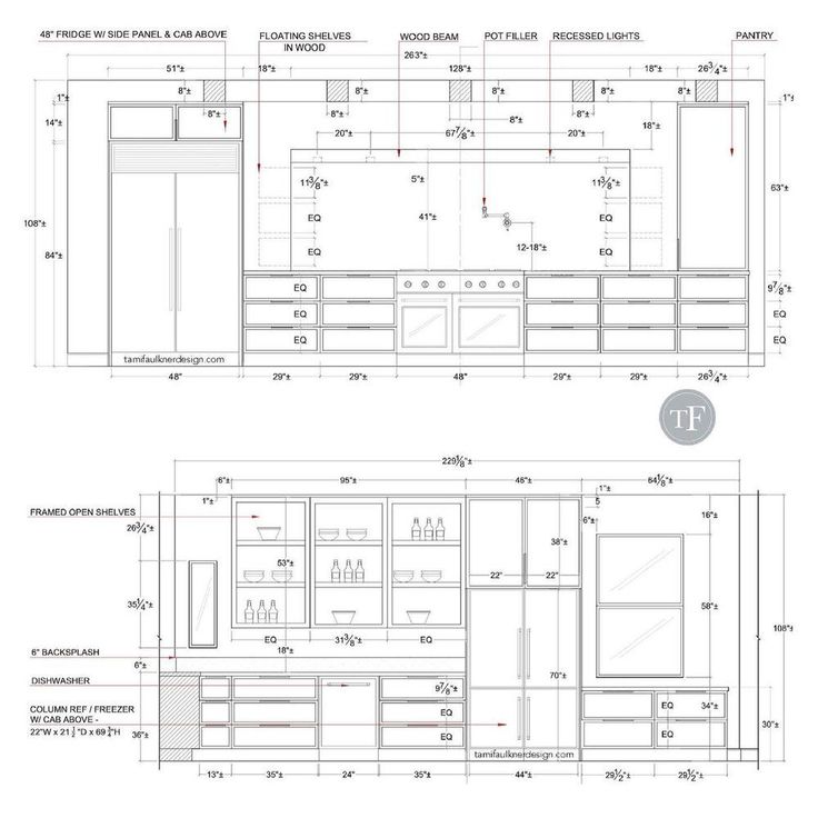 two drawings of kitchen cabinets with measurements