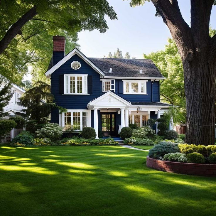 a large blue house with white trim on the front and side of it, surrounded by lush green grass