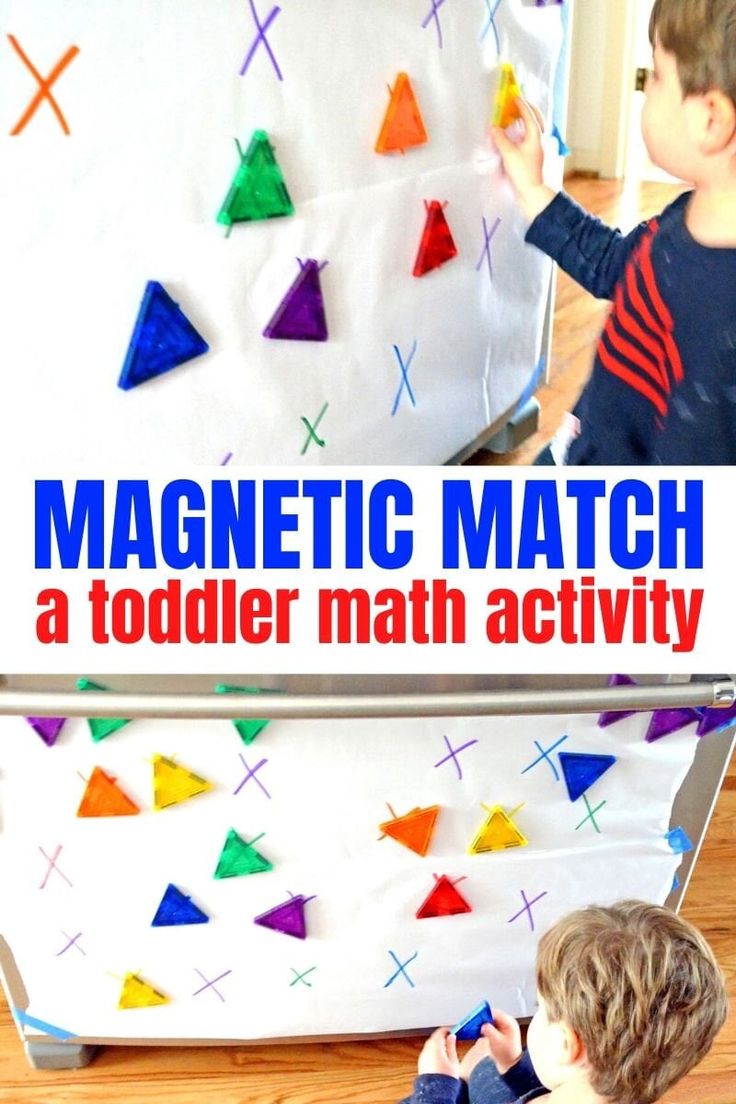 two children playing with magnets on a white board that says, magnetic match a toddler math activity