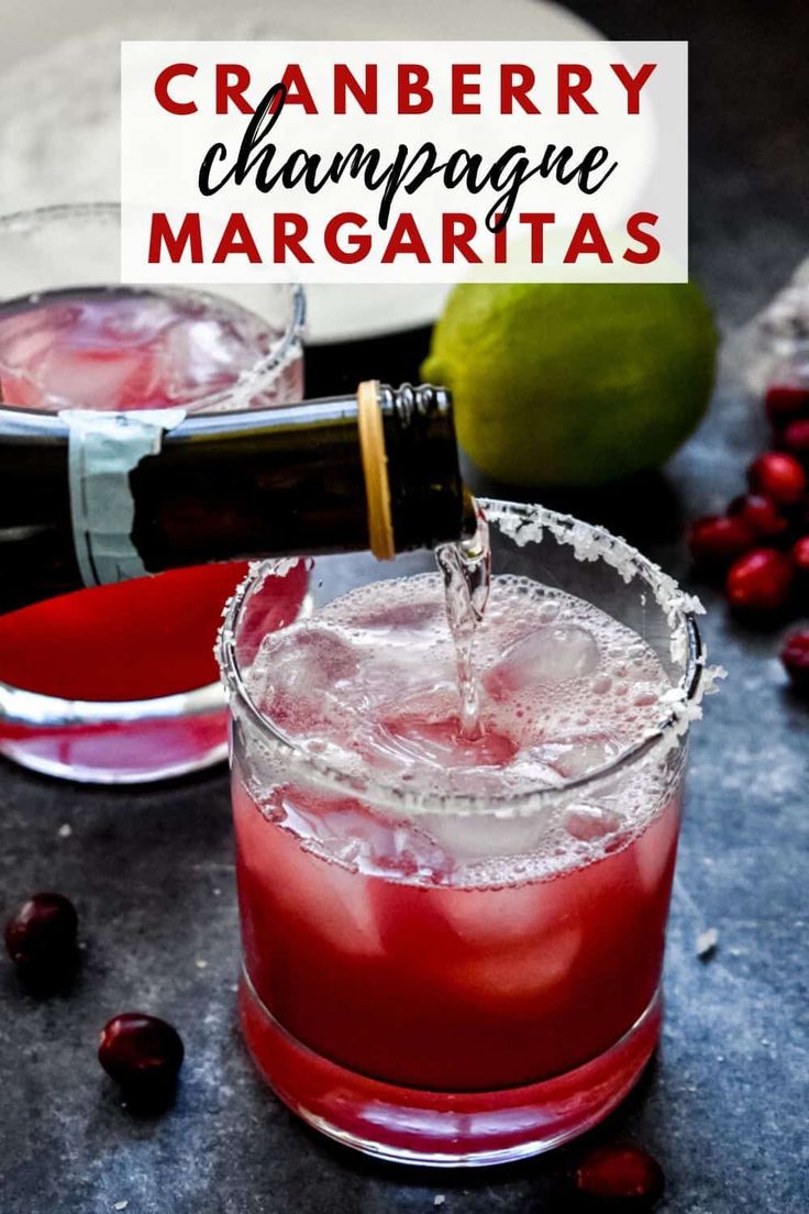 cranberry champagne margaritas are served in glasses with ice and garnish