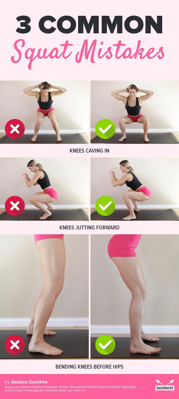 a woman in pink shorts and black top doing squat exercises