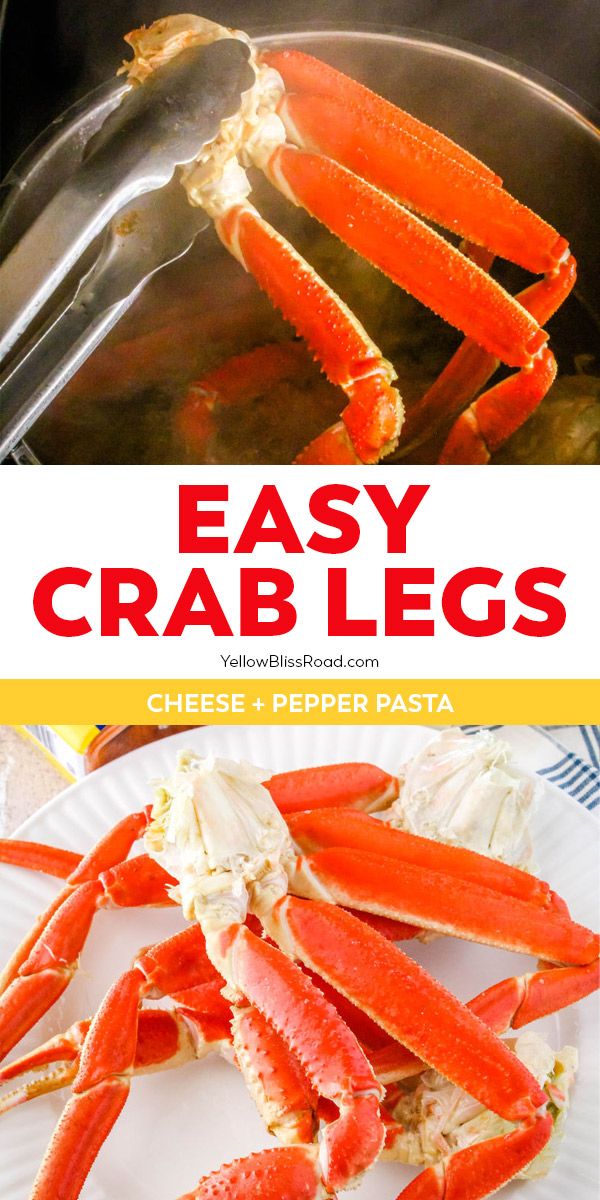 crab legs being cooked in a skillet with text overlay