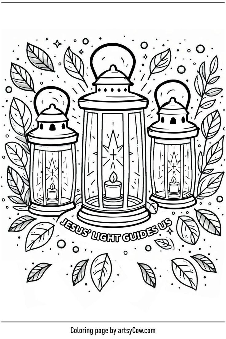 two lanterns with leaves around them and the words, coloring page by arty glow