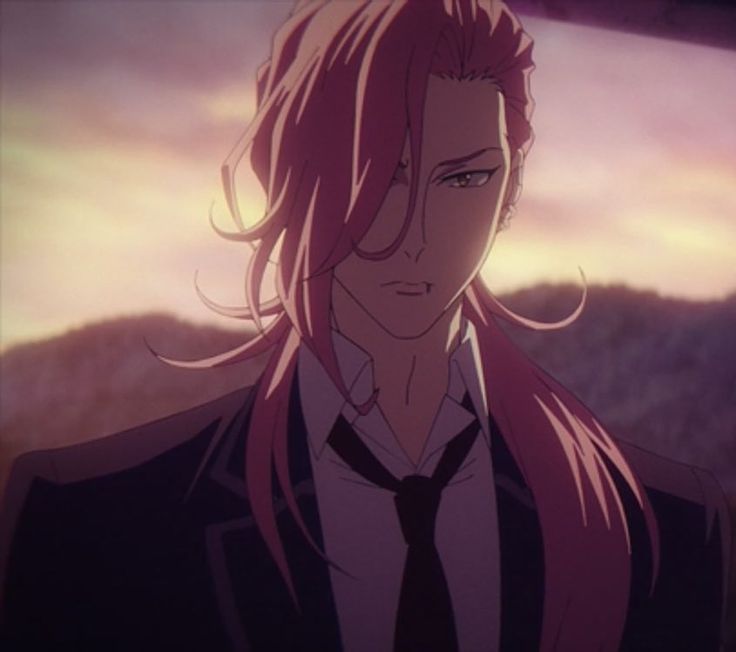 an anime character with long hair wearing a suit and tie in front of a sunset