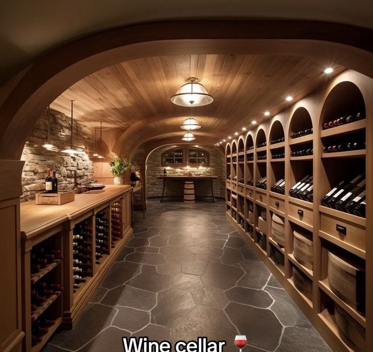 a wine cellar with several rows of bottles