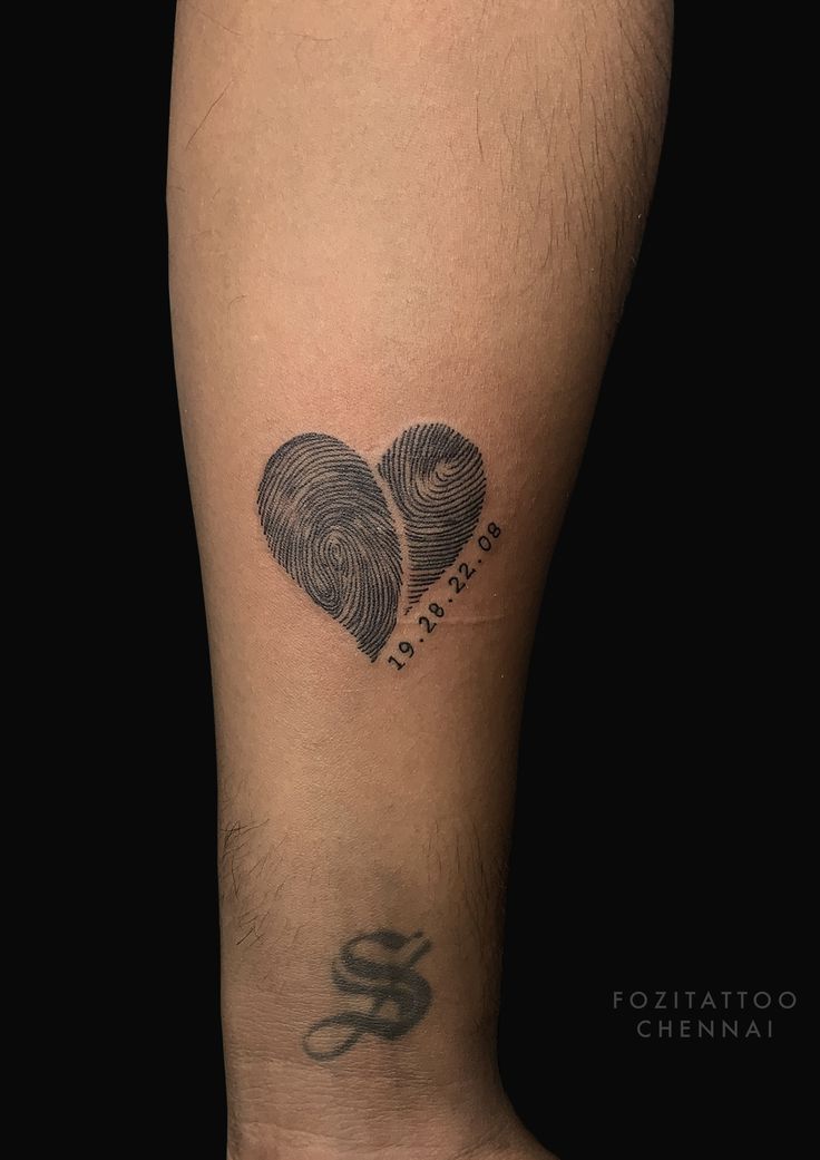 two fingerprints in the shape of hearts on a man's lower leg