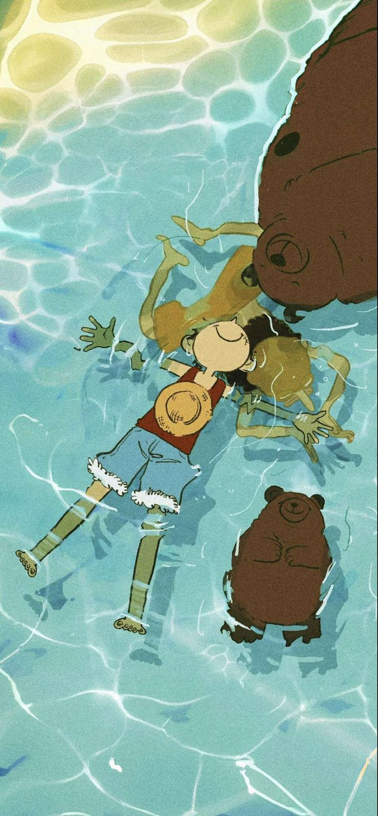 a cartoon character is floating in the water next to a large brown animal and another person