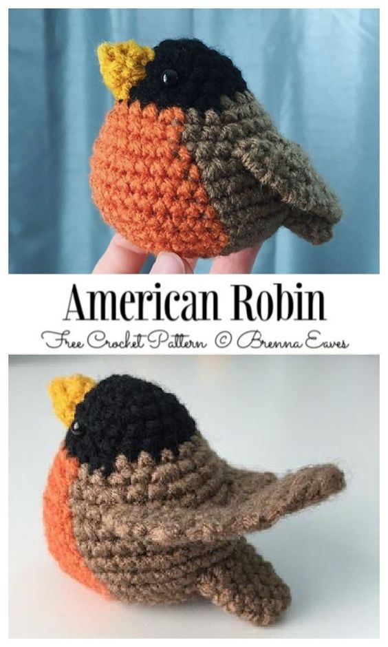 crocheted bird is shown with the words english robin on it