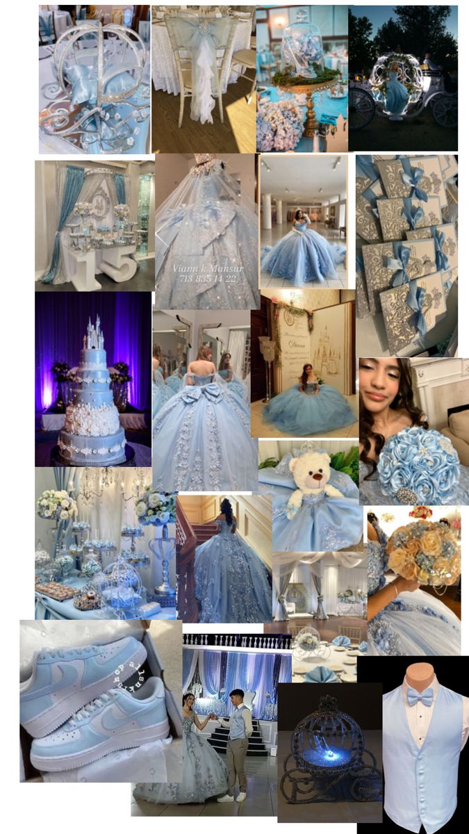 a collage of blue and white wedding gowns, shoes, and dresses on display