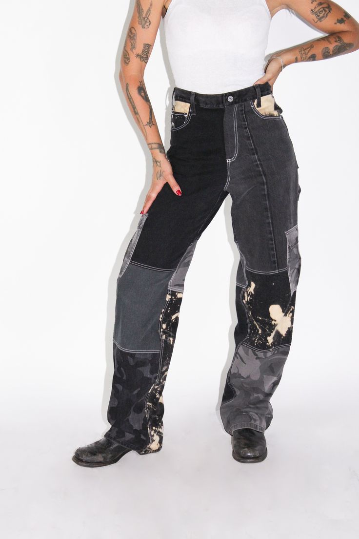 UPCYCLED DENIM CARGO PANT Patchwork style Side Cargo Pocketing w/ Flaps Zip Fly Upcycle Cargo Pants, Black High Rise Grunge Pants, Black Mid-rise Rigid Denim Jeans, Black Mid-rise Rigid Denim Pants, Mid-rise Black Rigid Denim Pants, Edgy Black Rigid Denim Jeans, Black Jeans With Contrast Stitching, Black High Waist Cargo Jeans With Five Pockets, High Waist Black Cargo Jeans With Five Pockets