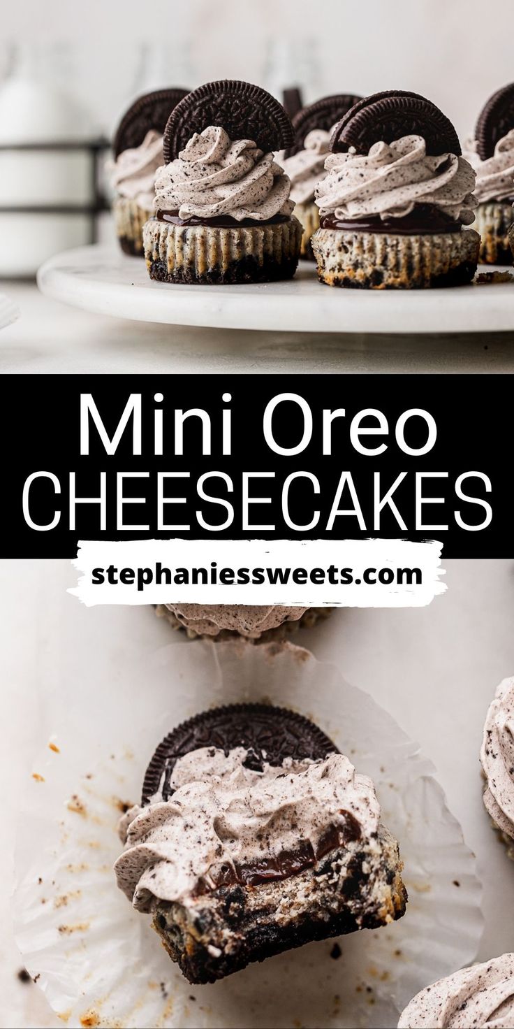 mini oreo cheesecakes with chocolate frosting on top