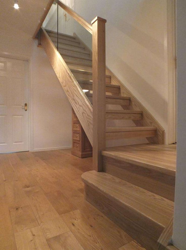 an empty room with wooden stairs and white walls