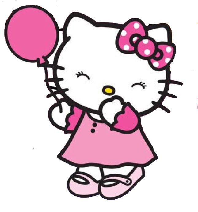 a hello kitty holding a pink balloon in her hand with the word hello kitty on it