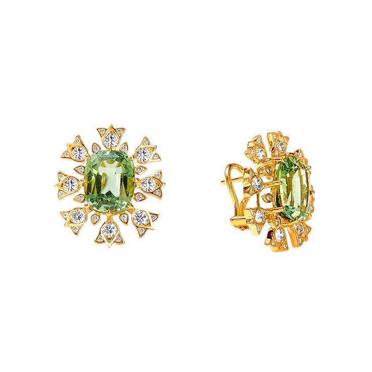 Mogul Clip Stud Green Tourmaline and Diamond Earrings Diamond Cluster Earrings, Contemporary Earrings, Tourmaline Earrings, Tourmaline Jewelry, Brown Diamond, Flower Tops, Diamond Hoop Earrings, Champagne Diamond, Cluster Earrings