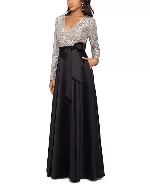 XSCAPE - Sequinned-Top Ball Gown Long Sleeve Sequin Top, Gown Elegant, Fall Wedding Guest, Evening Dresses Online, Cheap Evening Dresses, Dresses Formal Elegant, Ball Gown Skirt, Evening Gowns Elegant, Long Sleeve Sequin