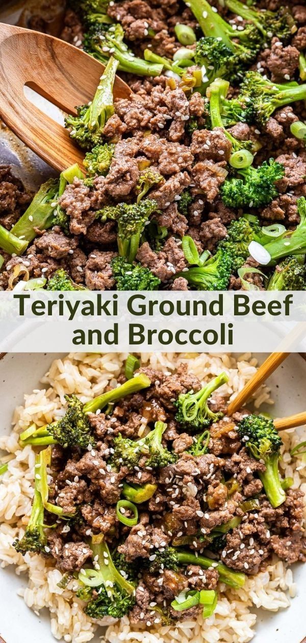 beef and broccoli stir fry on top of rice in a white bowl with wooden spoons