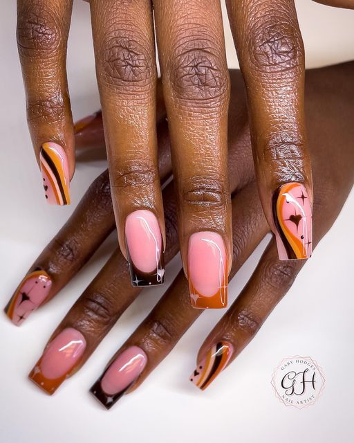 Work Nails Professional Fall, Nail Designs Fall Gel Square, Fall Short Nail Designs Autumn Classy, Brown And Orange Nails Design, Orange And Brown Nail Designs, Cozy Fall Nails, Brown And Orange Nails Fall, Short Gel Nail Designs Fall, Transition Nails Summer To Fall