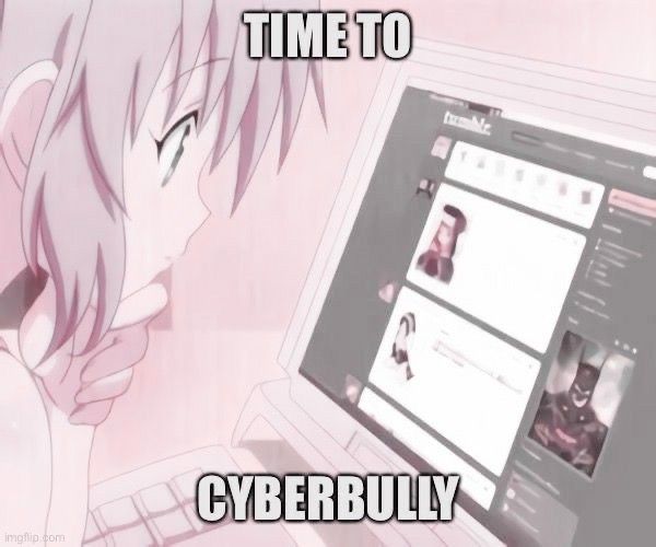 an anime character looking at a computer screen with the caption time to cyberbully