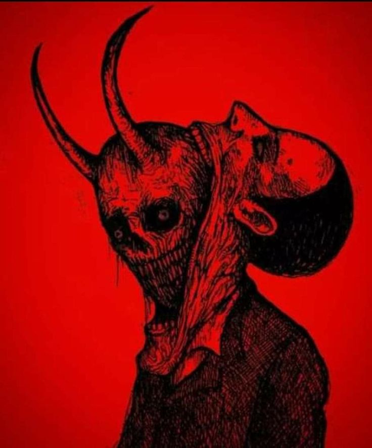 a drawing of a demon with horns and a man's head in the background