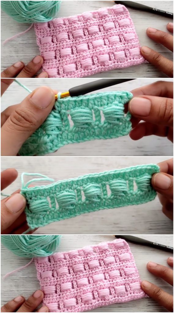 crochet stitches are being used to make a small piece of fabric that is pink and green