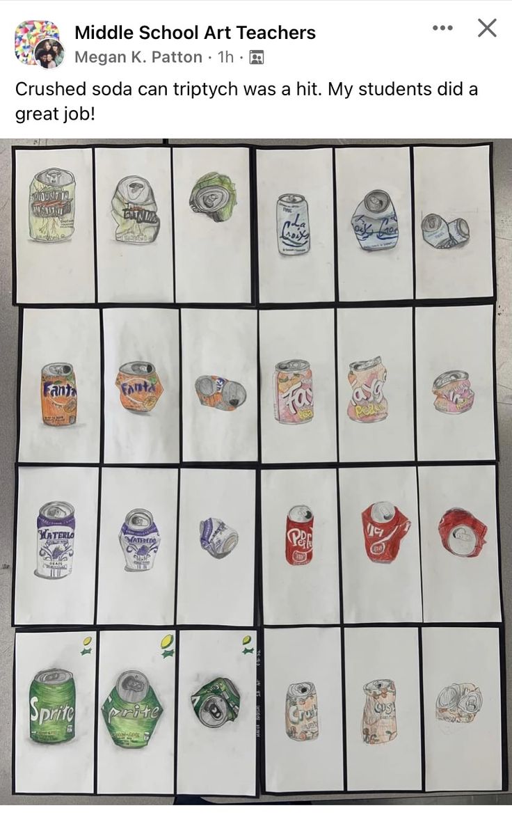 a bunch of different kinds of soda cans on a white board with words middle school art teachers crushed sodas through a hit my students did a great job