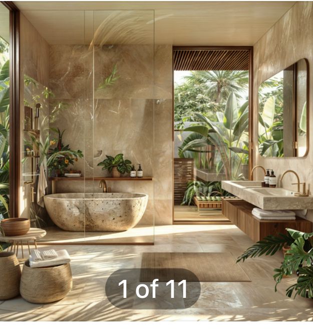 the bathroom is decorated with tropical plants and greenery