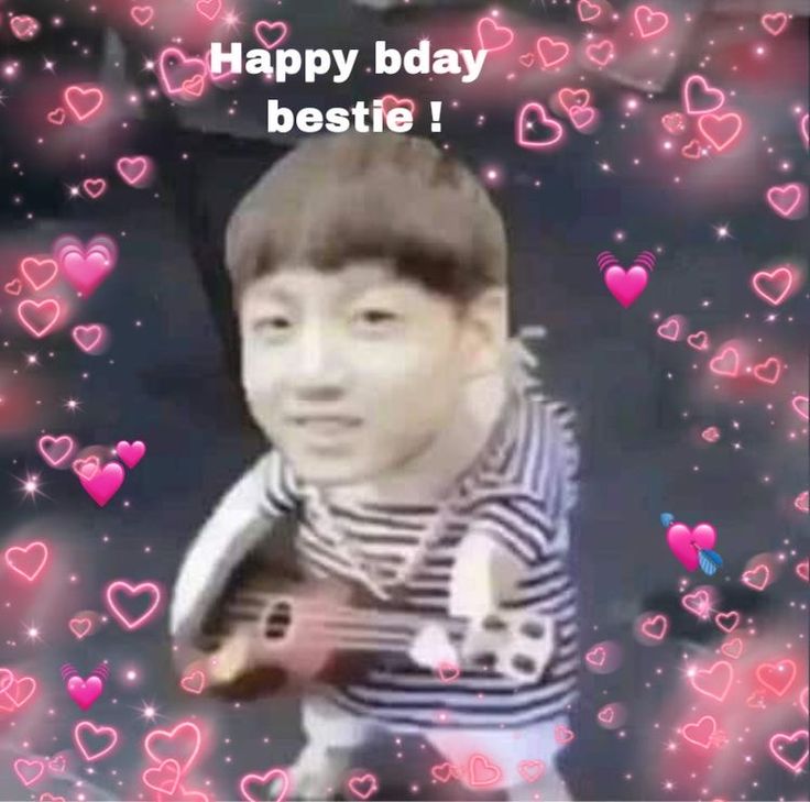 a young man holding a ukulele with hearts all around him and the caption reads happy bday bestie