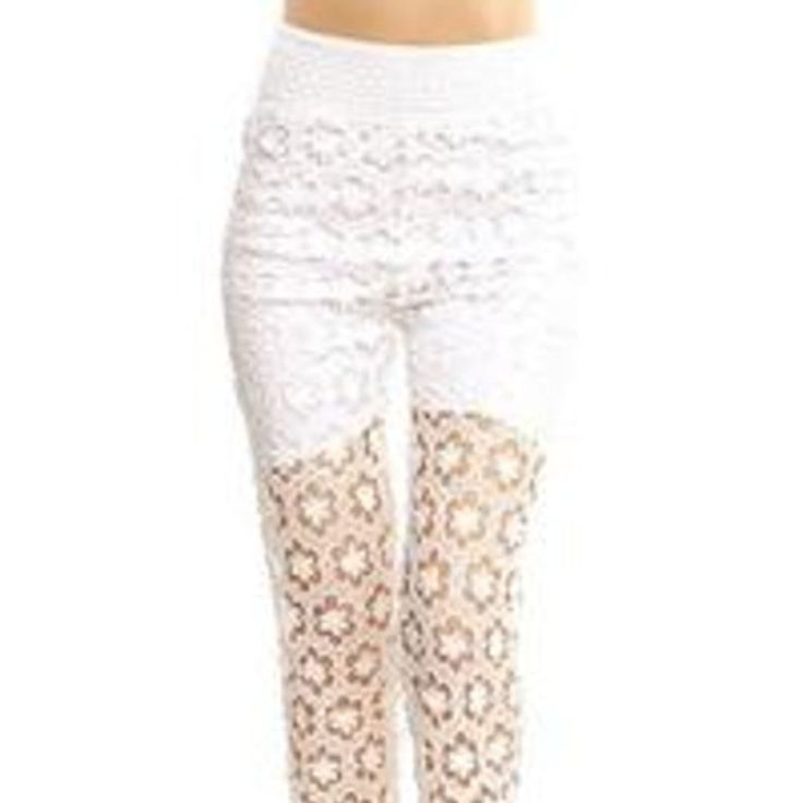 Crochet Lace Pants. Runs Small- Featuring Wide Elastic Waist Band, Partially Lined. 100%Polyester S/M And M/L Body Length:37inseam:30 White High-waist Leggings For Summer, High Waist Lace Bottoms For Spring, High-waist Lace Bottoms For Spring, White Lace Casual Pants, Summer Lace Pants With Stretch, Stretch Lace Pants For Summer, Spring Fitted Pants With Lace Trim, Non-stretch Lace Pants For Spring, Fitted Pants With Lace Trim For Spring