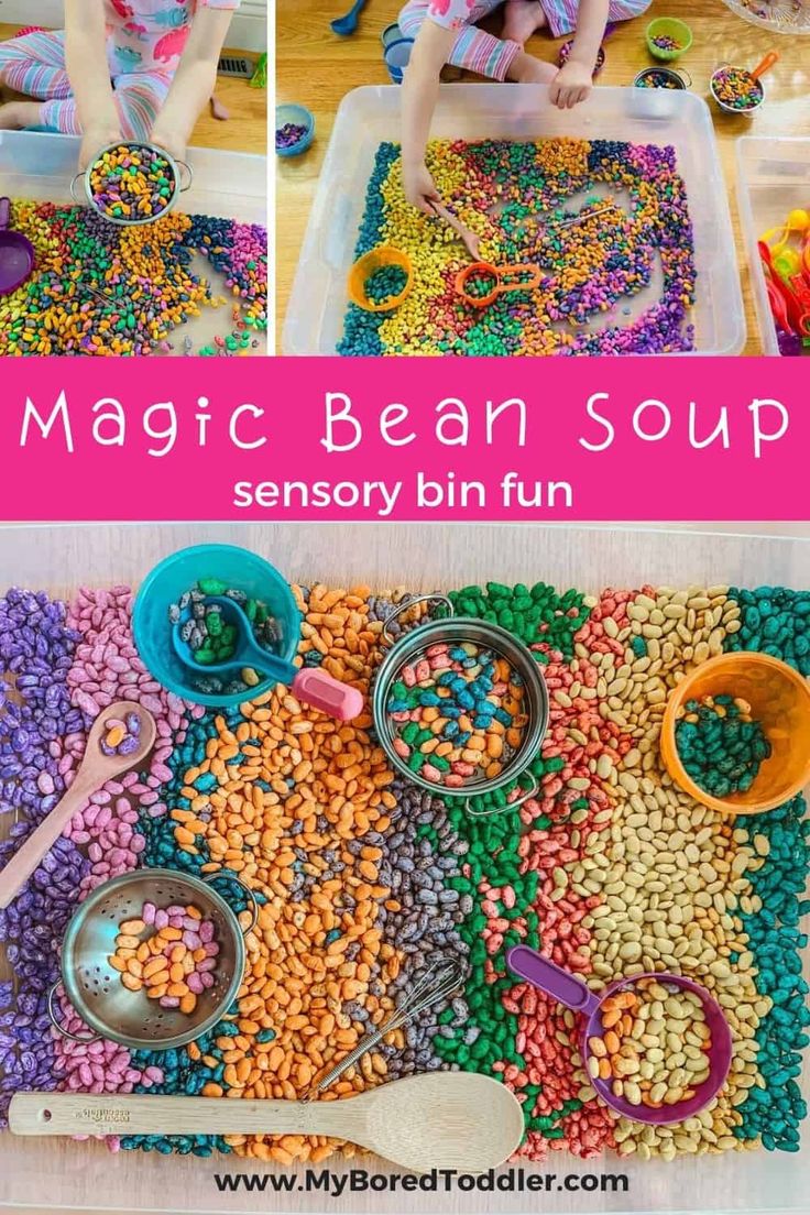 kids are playing with colorful beans and other things in their play area, while the child is