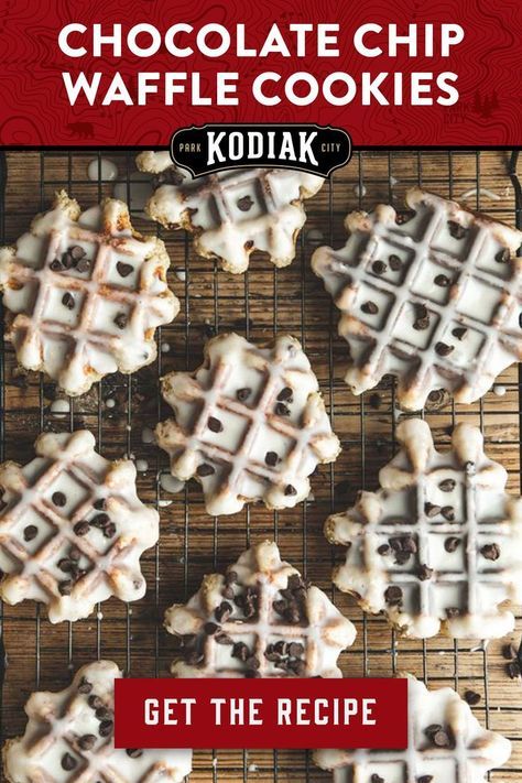 chocolate chip waffle cookies on a cooling rack with the words, get the recipe