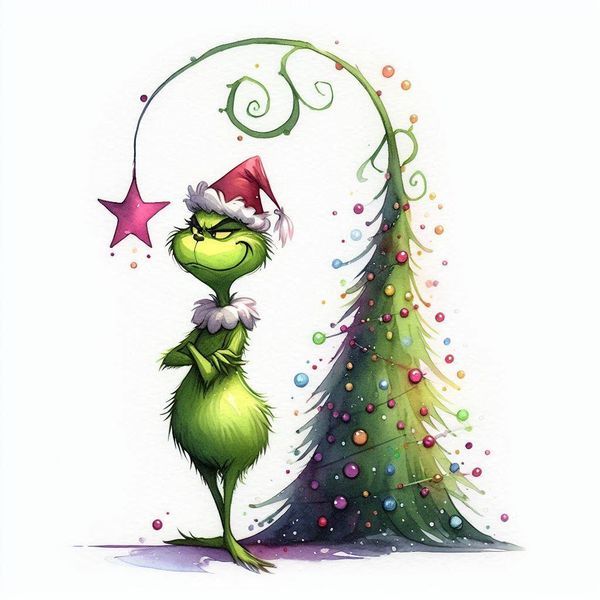 the grinch is standing next to a christmas tree in front of a white background