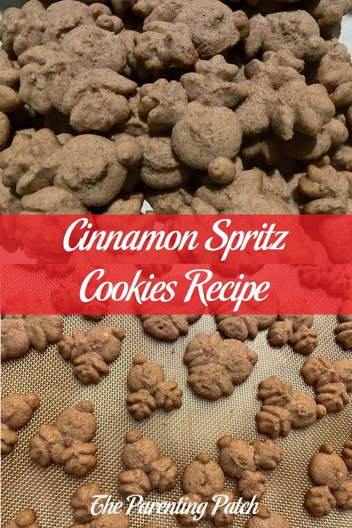 cinnamon spritz cookies recipe on a baking sheet with the title in red and white