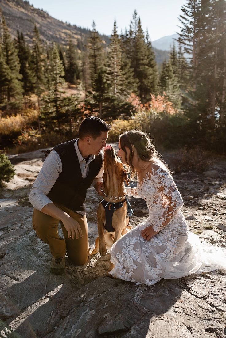 Photo of bride and groom at their mountain elopement in Colorado with their dog. Fall Mountain Elopement, Long Sleeved Wedding Dresses, Sleeved Wedding Dresses, Fall Mountain Wedding, Denver Elopement, Sleeved Wedding, Mountain Weddings, Mountain Wedding Colorado, Rustic Wedding Dresses