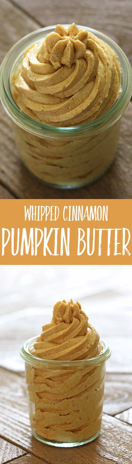 whipped cinnamon pumpkin butter in a glass bowl on top of a wooden table with text overlay