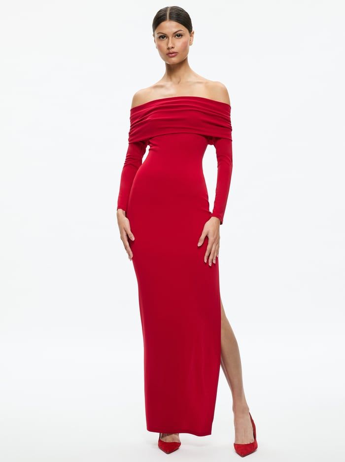 Coretta Off The Shoulder Dress In Bright Ruby | Alice + Olivia Evening Off-shoulder Stretch Bodycon Dress, Off-shoulder Stretch Bodycon Evening Dress, Stretch Boat Neck Party Dress, Evening Stretch Off-shoulder Bodycon Dress, Stretch Off Shoulder Dress With Straight Neckline, Stretch Boat Neck Evening Dress, Party Off-shoulder Stretch Dress With Straight Neckline, Stretch Off-shoulder Dress With Straight Neckline For Party, Party Off Shoulder Dress With Straight Neckline