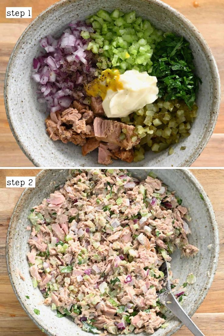 the steps to make tuna salad in a bowl