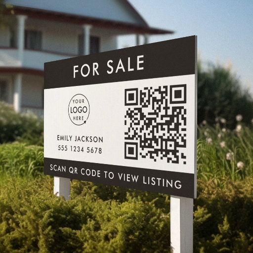 a real estate for sale sign in front of a house with a qr code on it