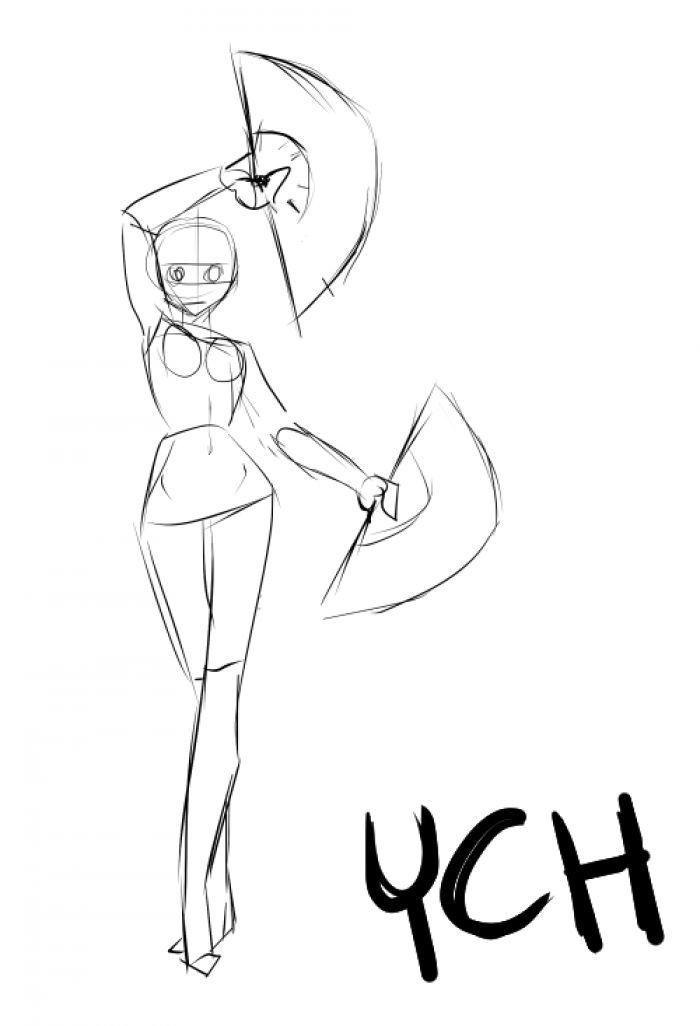 a drawing of a woman with her hand on her hip and the word ych in black