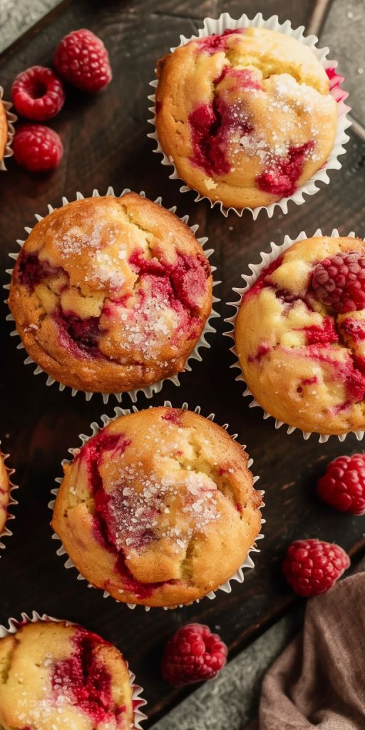 raspberry muffins with powdered sugar and fresh raspberries on the side