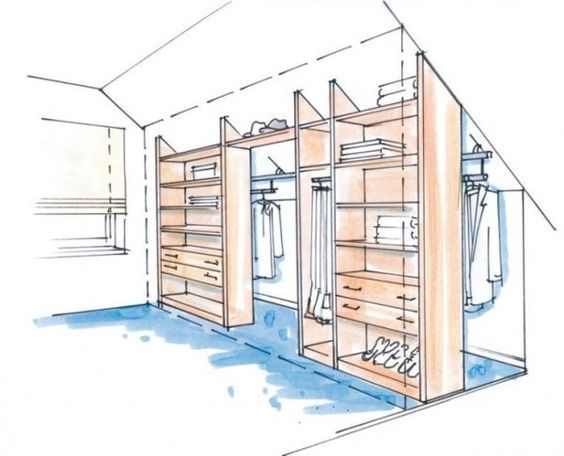 a drawing of a walk in closet with shelves and hanging items on the wall,