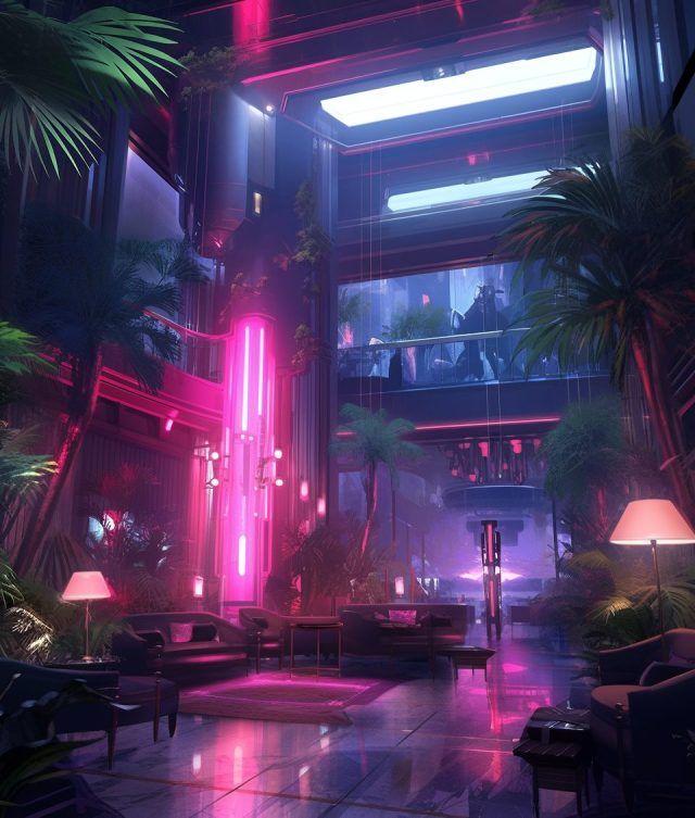 a futuristic living room filled with lots of plants and lights in the middle of it